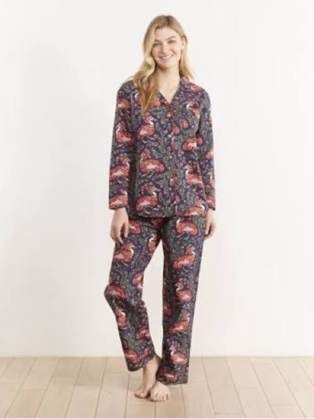 PRINTFRESH Queen Lotus Long Pajamas Set Size small 100% Cotton Indigo Egret